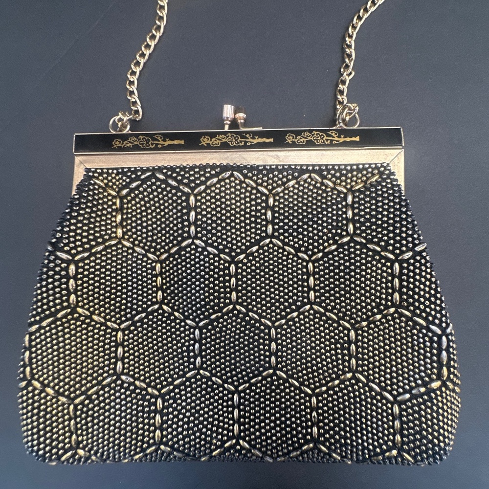 Vintage Black Gold hand beaded Evening Bag w/ rose accents  made in hong kong